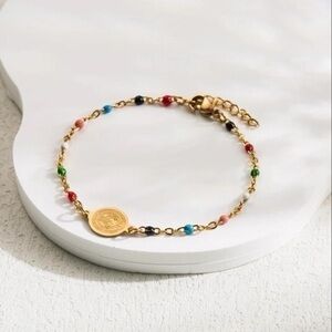 Virgin Mary Multicolor Beaded Stainless Steel Gold Bracelet